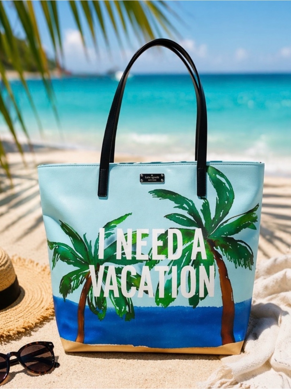 kate spade light blue palm print tote with black straps